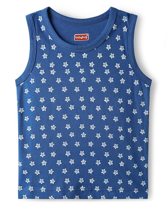 Babyhug 100% Cotton Knit Sleeveless Antibacterial Sando with Strips Stars & Shark Print Pack of 5 - Navy Blue & Orange