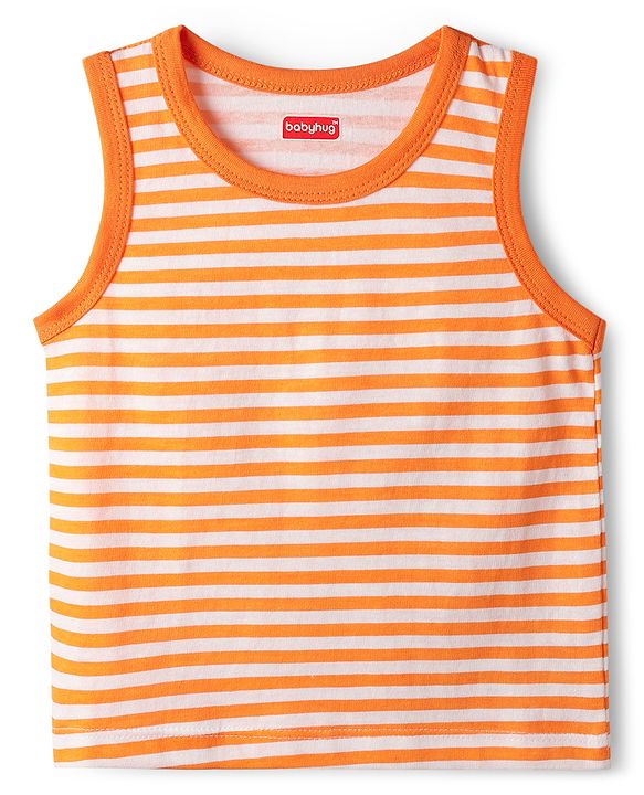 Babyhug 100% Cotton Knit Sleeveless Antibacterial Sando with Strips Stars & Shark Print Pack of 5 - Navy Blue & Orange