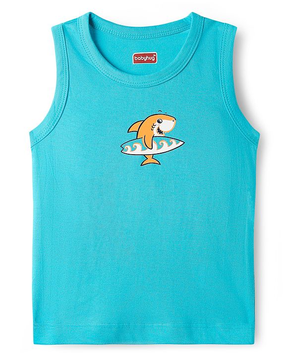 Babyhug 100% Cotton Knit Sleeveless Antibacterial Sando with Strips Stars & Shark Print Pack of 5 - Navy Blue & Orange