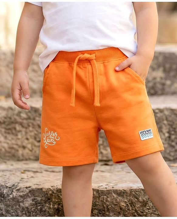 Babyhug Terry Knit Mid Thigh Length Shorts with Text Print - Orange