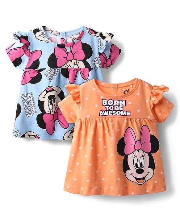 Babyhug Disney Single Jersey Knit Half Sleeves Frock Style T-Shirts with Minnie Mouse Graphics Pack of 2 - Light Blue & Orange