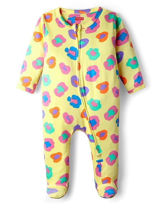 Babyhug Interlock Knit Full Sleeves Front Open Footed Sleepsuit With Abstract Print - Yellow