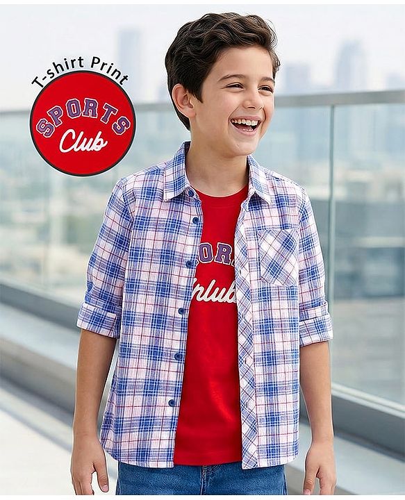 Pine Kids Cotton Woven Full Sleeves Checkerd Shirt with T-Shirt - Blue