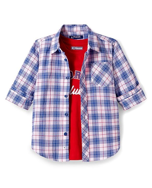 Pine Kids Cotton Woven Full Sleeves Checkerd Shirt with T-Shirt - Blue