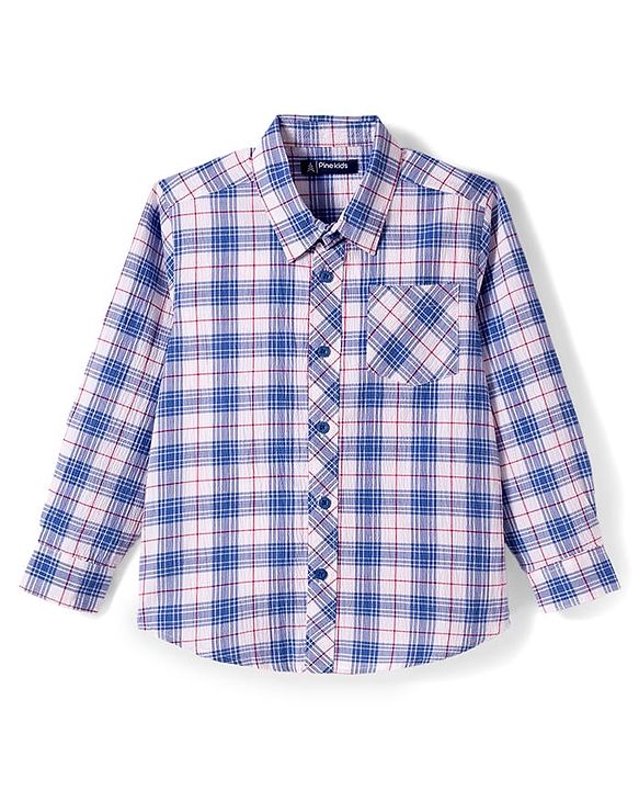 Pine Kids Cotton Woven Full Sleeves Checkerd Shirt with T-Shirt - Blue