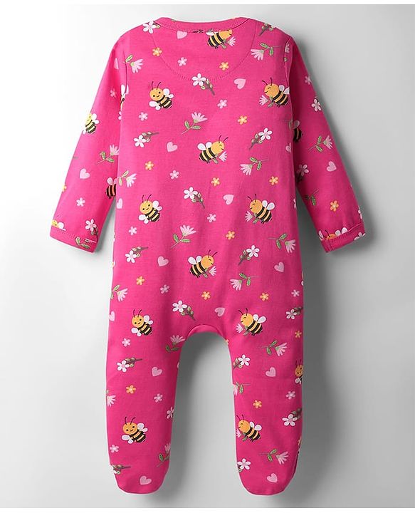 Babyhug Cotton Interlock Knit Full Sleeves Footed Sleep Suit with Honey Bee Floral & Heart Print - Pink