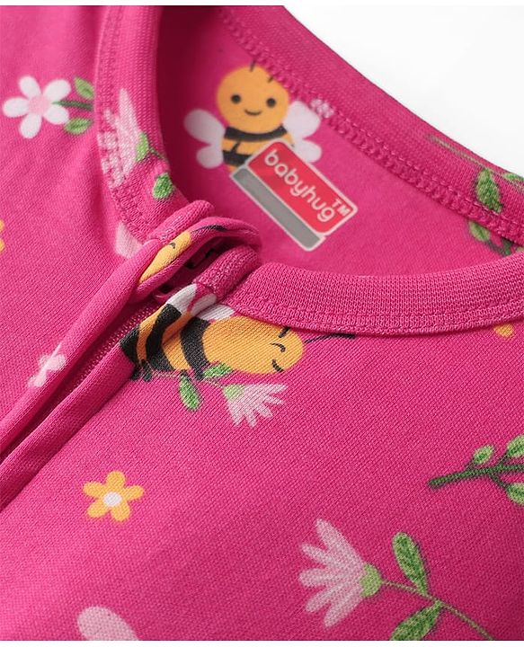 Babyhug Cotton Interlock Knit Full Sleeves Footed Sleep Suit with Honey Bee Floral & Heart Print - Pink