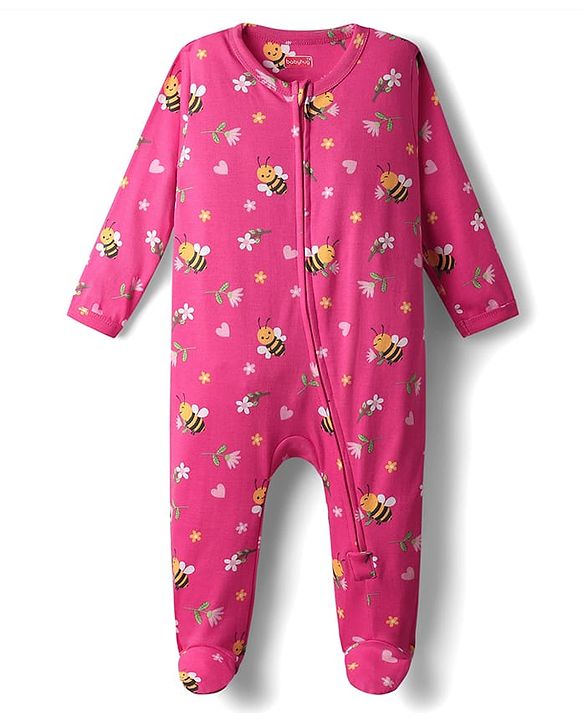 Babyhug Cotton Interlock Knit Full Sleeves Footed Sleep Suit with Honey Bee Floral & Heart Print - Pink