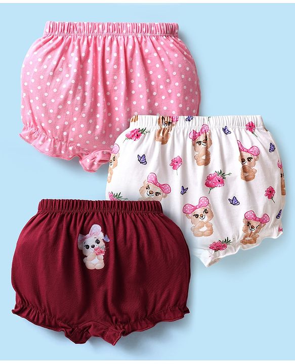 Babyhug 100% Knit Teddy Bear & Polka Dot Printed Bloomers Pack of 3 - White Pink & Maroon