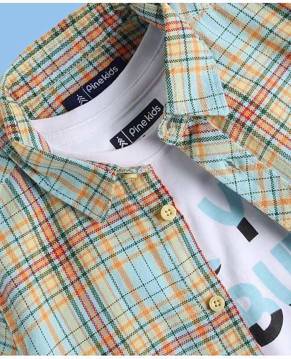 Pine Kids Cotton Knit Full Sleeves Checkered Shirt with T-Shirt - Aqua Blue