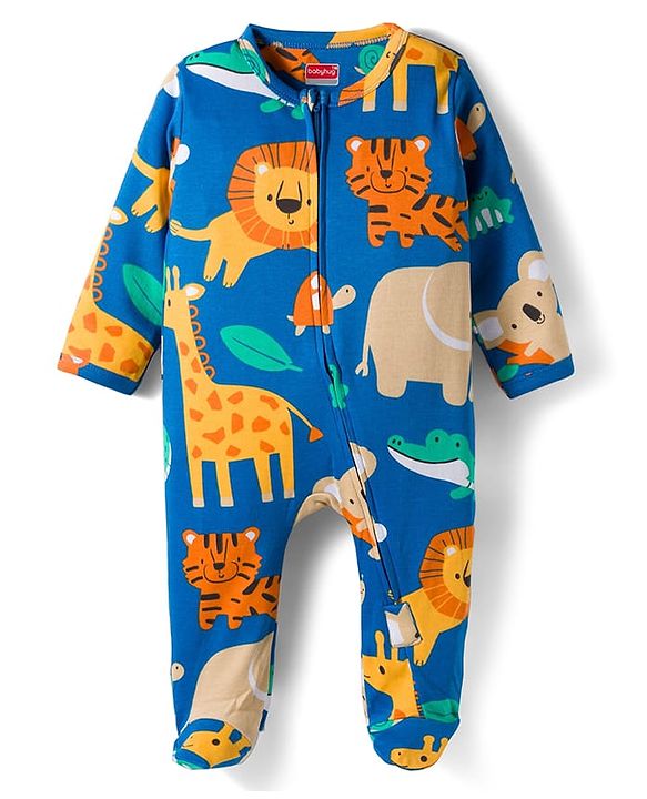 Babyhug Cotton Interlock Knit Full Sleeves Footed Sleep Suit with Animal Print - Blue