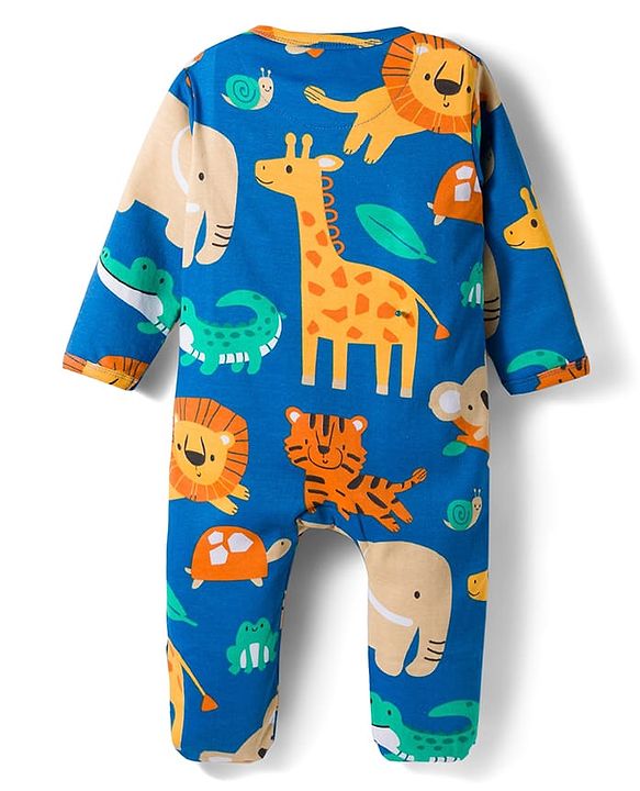 Babyhug Cotton Interlock Knit Full Sleeves Footed Sleep Suit with Animal Print - Blue