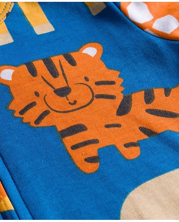 Babyhug Cotton Interlock Knit Full Sleeves Footed Sleep Suit with Animal Print - Blue