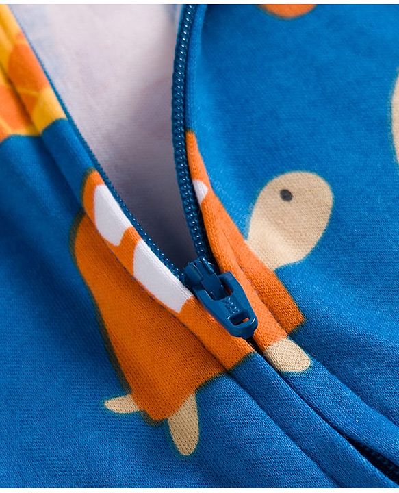 Babyhug Cotton Interlock Knit Full Sleeves Footed Sleep Suit with Animal Print - Blue