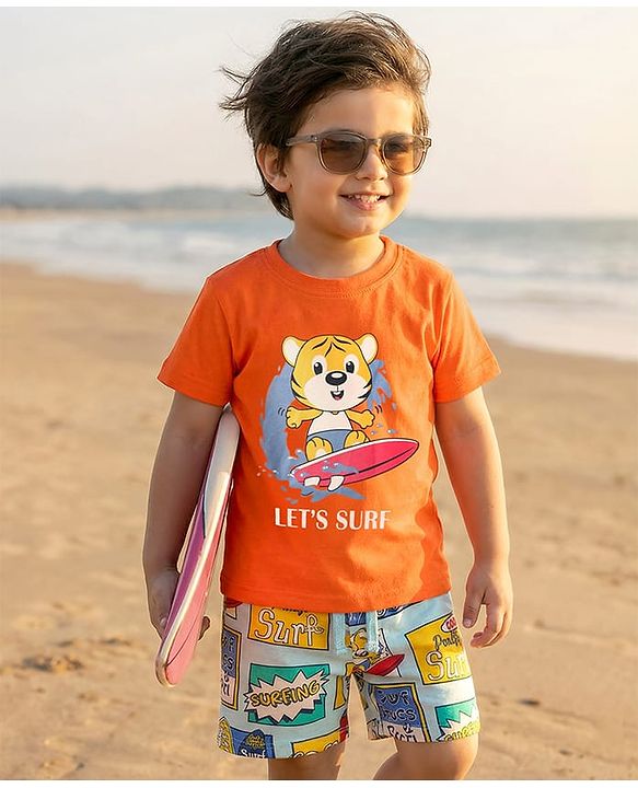 Babyhug Single Jersey Knit Half Sleeves T-Shirt & Shorts Set with Animal Print - Orange & Light Blue