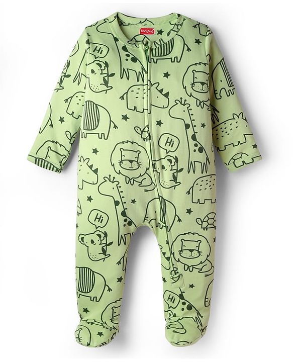 Babyhug Cotton Knit Full Sleeves Footed Sleepsuit With Animal Print - Light Green