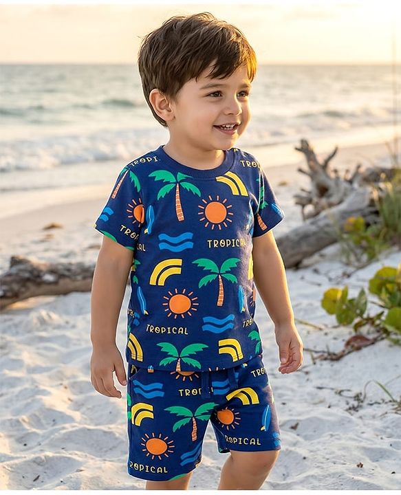 Babyhug Terry Knit Half Sleeves T-Shirt & Short Set With Tropical Theme Print - Navy Blue