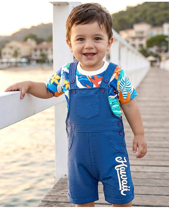 Babyhug Single Jersey Knit Dungaree & Half Sleeves T-Shirt With Floral & Leaf Print - Blue