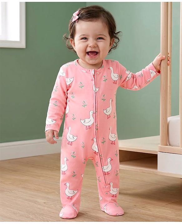 Babyhug Interlock Knit Full Sleeves Front Open Footed Sleepsuit With Duck Print - Pink