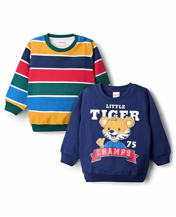 Babyhug Cotton Knit Full Sleeves Striped Pullover Sweatshirt with Tiger Print Pack of 2 - Navy Blue