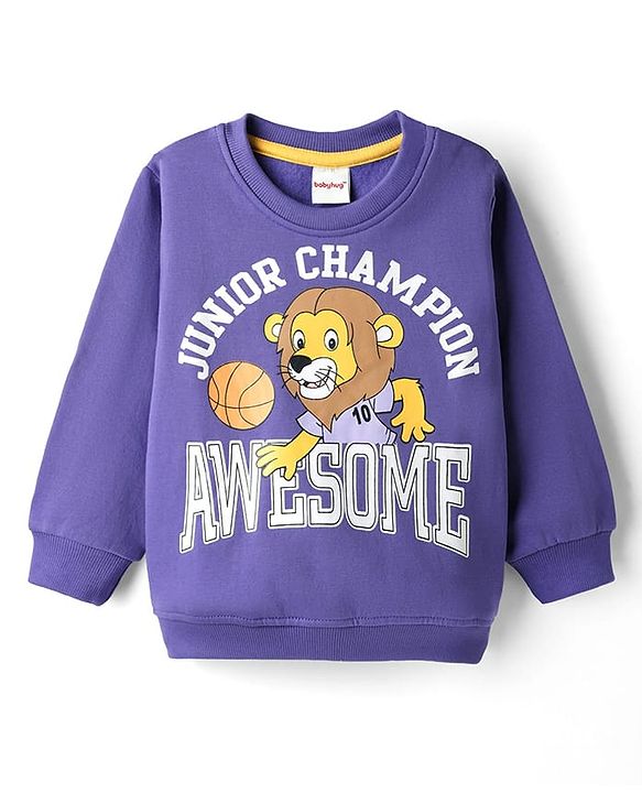 Babyhug Cotton Knit Full Sleeves Sweatshirt With Lion Graphics - Purple