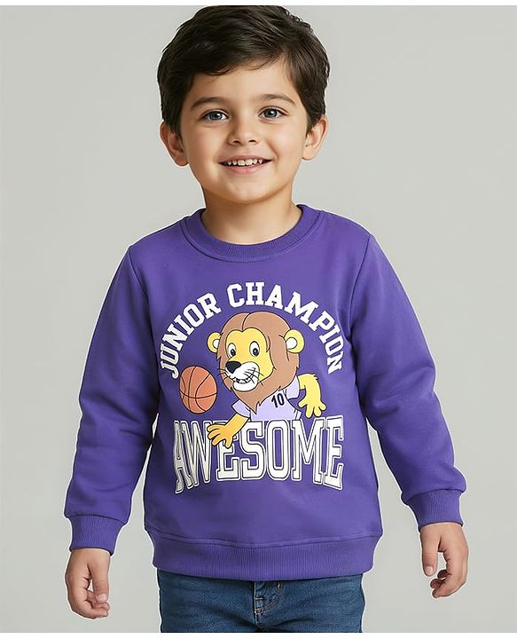 Babyhug Cotton Knit Full Sleeves Sweatshirt With Lion Graphics - Purple