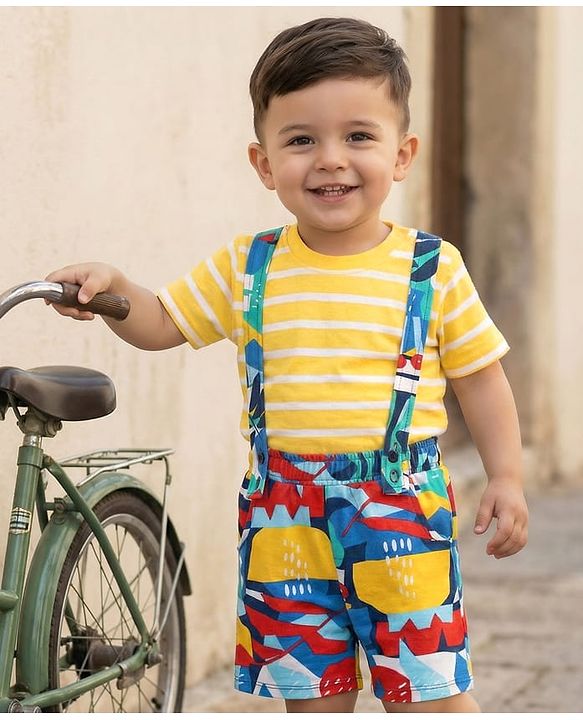 Babyhug Single Jersey Knit Half Sleeves Striped T-Shirt & Printed Shorts Set - Yellow
