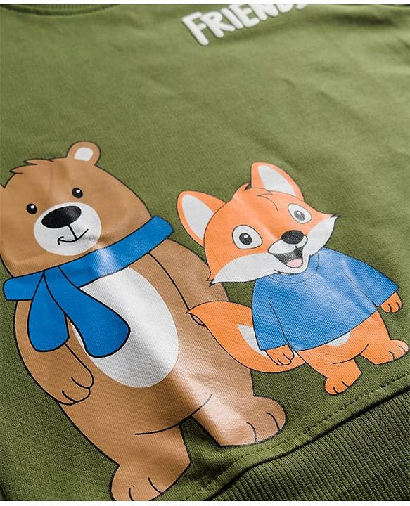 Babyhug Cotton Knit Full Sleeves Pullover Sweatshirt with Bear Graphic - Green