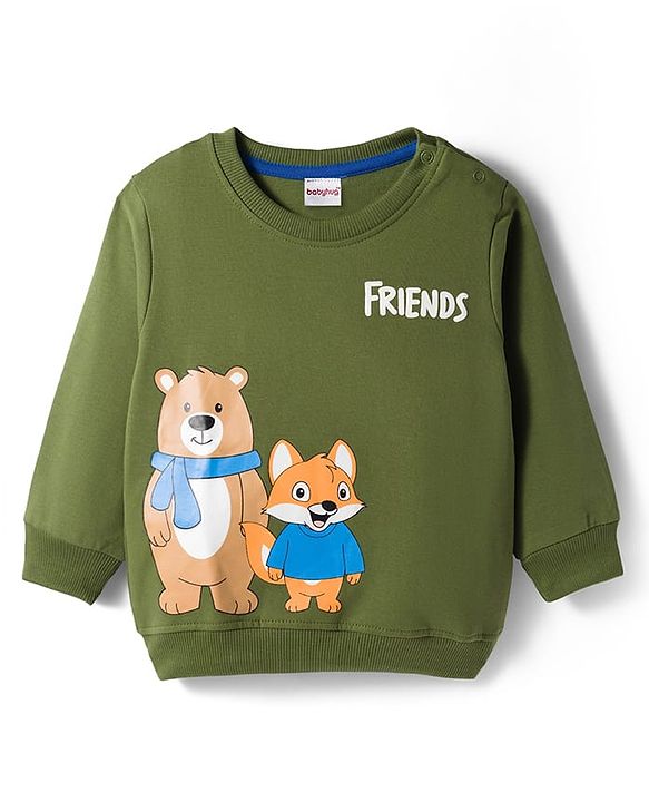 Babyhug Cotton Knit Full Sleeves Pullover Sweatshirt with Bear Graphic - Green