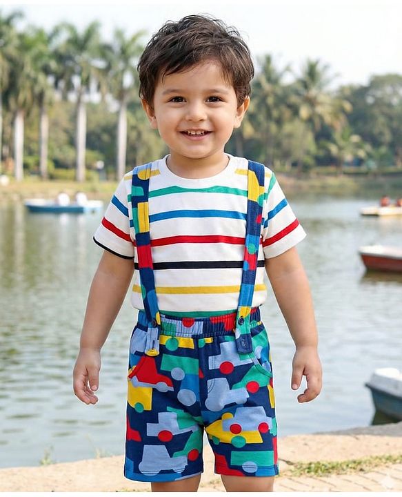 Babyhug Single Jersey Knit Half Sleeves T-Shirt & Shorts Set With Stripes & Vehicle Print - White & Navy Blue