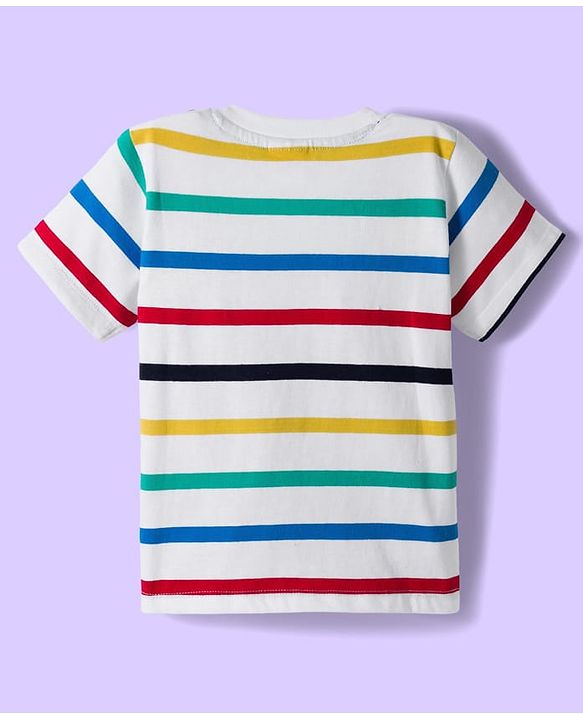 Babyhug Single Jersey Knit Half Sleeves T-Shirt & Shorts Set With Stripes & Vehicle Print - White & Navy Blue