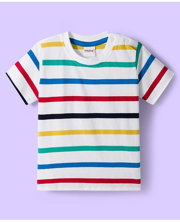 Babyhug Single Jersey Knit Half Sleeves T-Shirt & Shorts Set With Stripes & Vehicle Print - White & Navy Blue