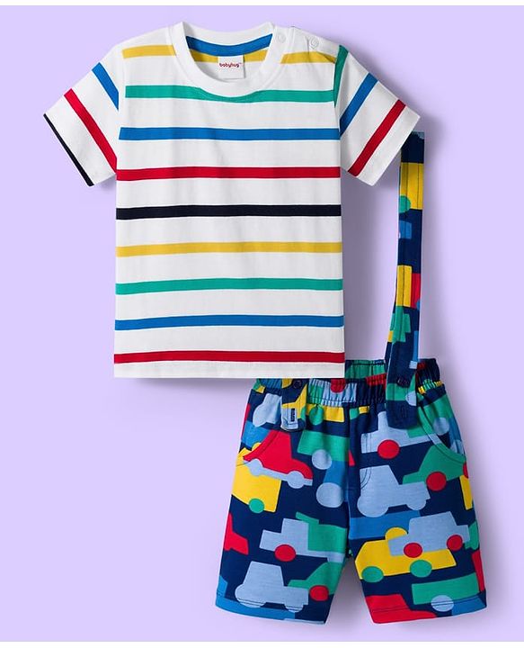 Babyhug Single Jersey Knit Half Sleeves T-Shirt & Shorts Set With Stripes & Vehicle Print - White & Navy Blue