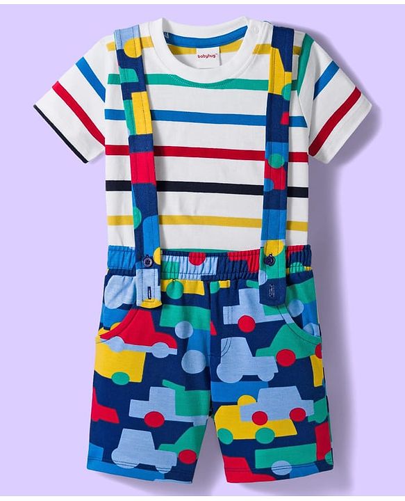 Babyhug Single Jersey Knit Half Sleeves T-Shirt & Shorts Set With Stripes & Vehicle Print - White & Navy Blue