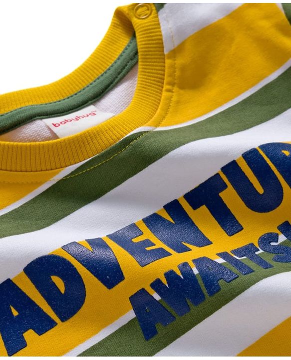 Babyhug Cotton Knit Full Sleeves Sweatshirts with Stripes & Adventure Text Print Pack of 2 - Yellow & Olive Green