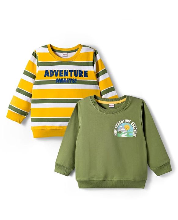 Babyhug Cotton Knit Full Sleeves Sweatshirts with Stripes & Adventure Text Print Pack of 2 - Yellow & Olive Green