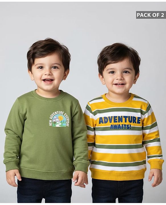 Babyhug Cotton Knit Full Sleeves Sweatshirts with Stripes & Adventure Text Print Pack of 2 - Yellow & Olive Green