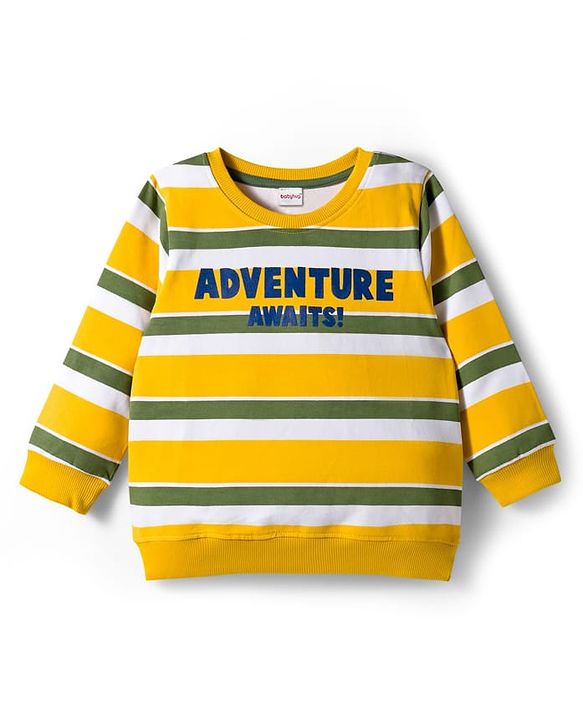 Babyhug Cotton Knit Full Sleeves Sweatshirts with Stripes & Adventure Text Print Pack of 2 - Yellow & Olive Green