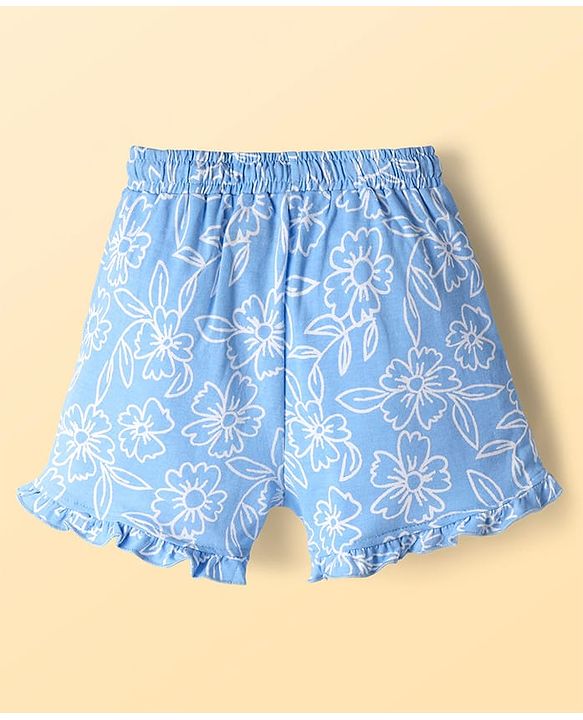 Pine Kids 100% Cotton Mid Thigh Shorts With Floral Print & Frills Detailing - Blue