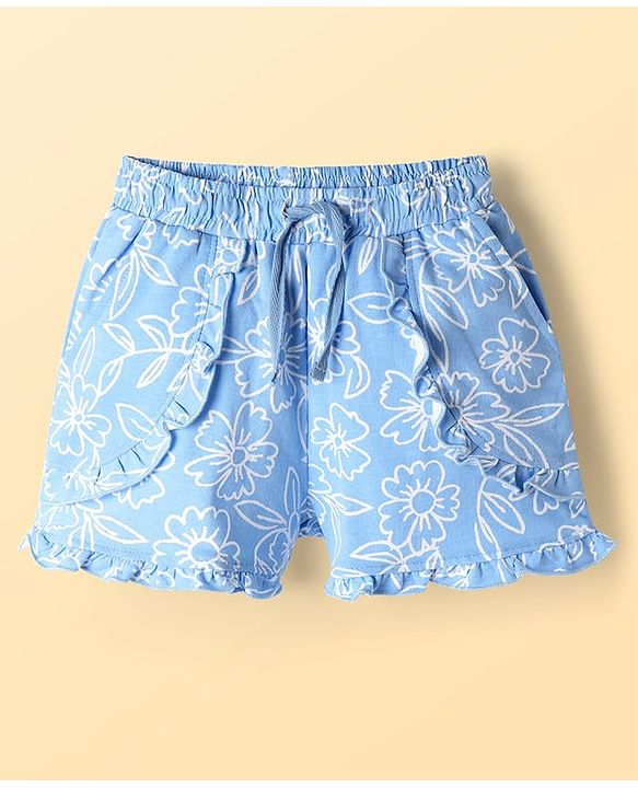 Pine Kids 100% Cotton Mid Thigh Shorts With Floral Print & Frills Detailing - Blue