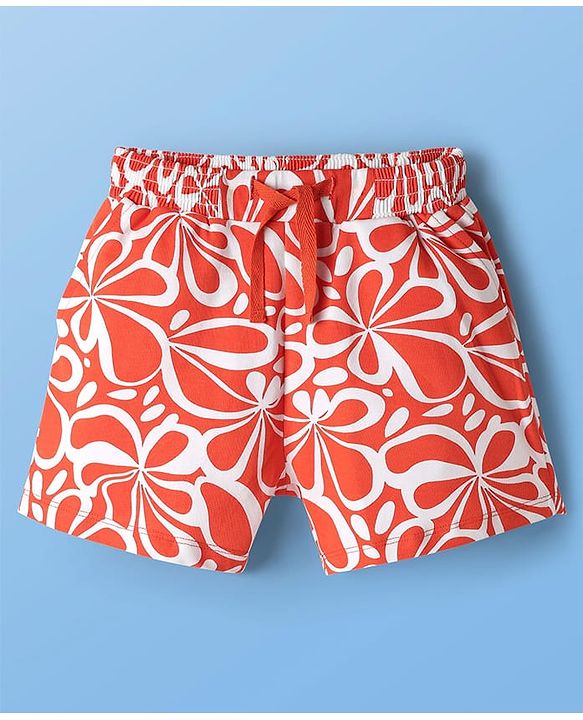 Pine Kids 100% Cotton Mid Thigh Shorts With Floral Print - Orange