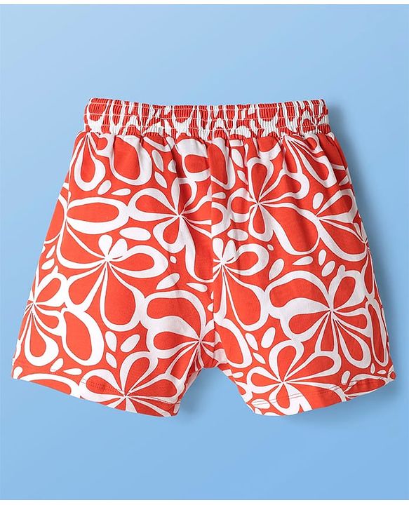 Pine Kids 100% Cotton Mid Thigh Shorts With Floral Print - Orange
