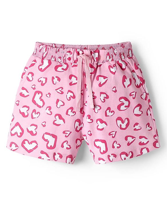 Pine Kids 100% Cotton Mid Thigh Shorts With Hearts Print - Pink