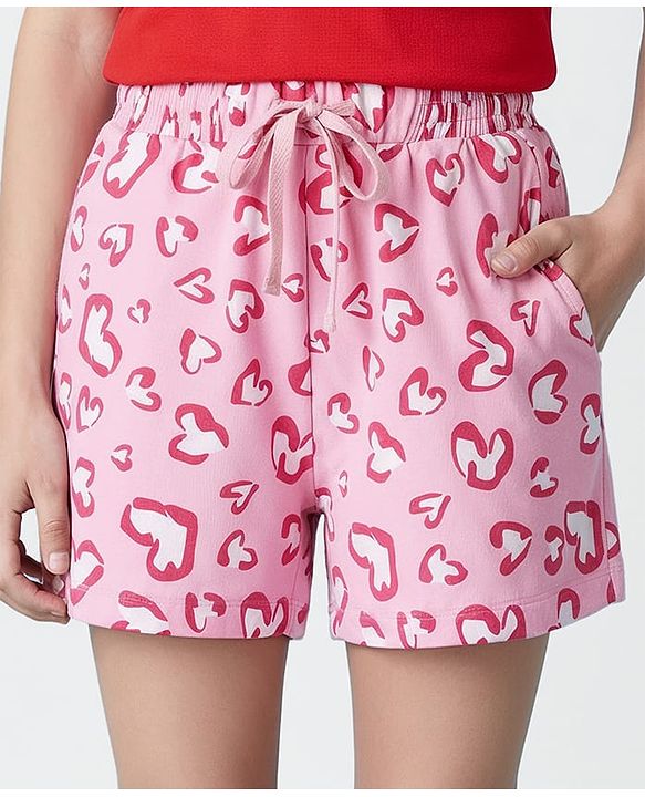 Pine Kids 100% Cotton Mid Thigh Shorts With Hearts Print - Pink