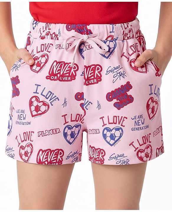Pine Kids 100% Cotton Mid Thigh Shorts With Text Print - Pink