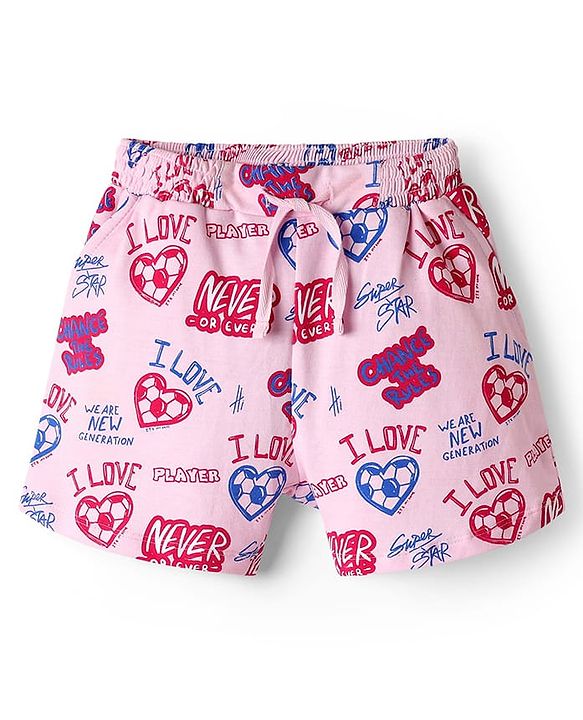 Pine Kids 100% Cotton Mid Thigh Shorts With Text Print - Pink