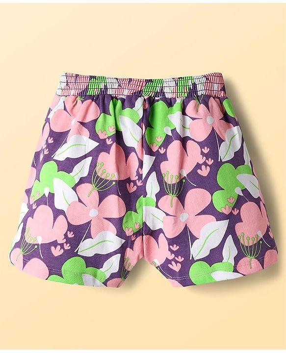 Pine Kids 100% Cotton Mid Thigh Shorts With Floral Print - Purple