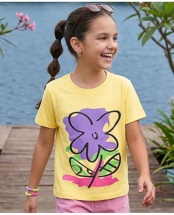 Pine Kids Cotton Knit Half Sleeves T-Shirt With Floral Print - Yellow