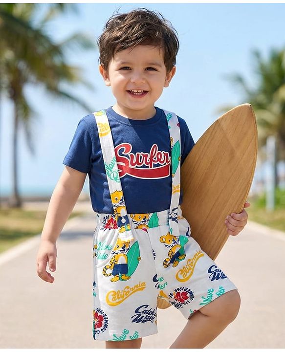 Babyhug Single Jersey Knit Half Sleeves T-Shirt & Shorts Set With Surfing Print & Attached Suspender - Blue & White