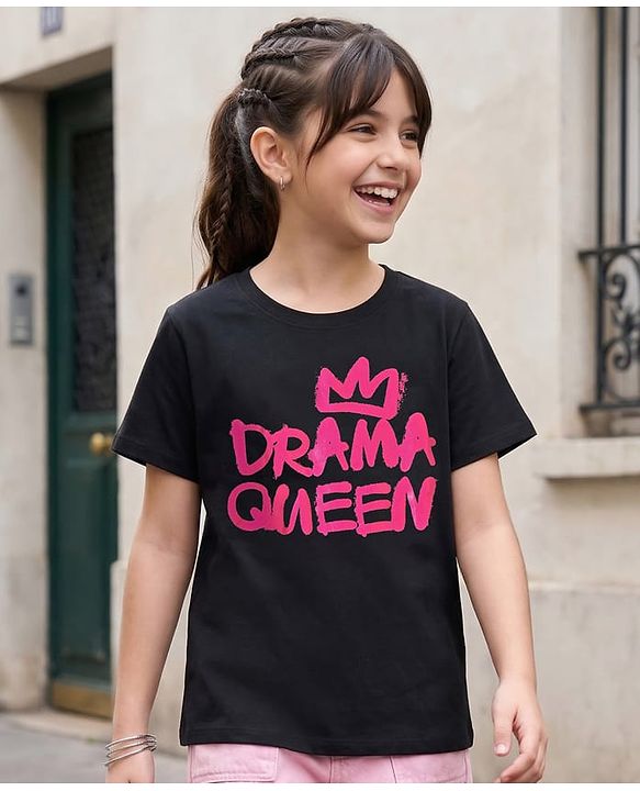 Pine Kids Cotton Knit Half Sleeves Oversized T-Shirts with Text Print - Black